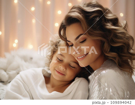 her daughter cuddling in a white sweater 109894042