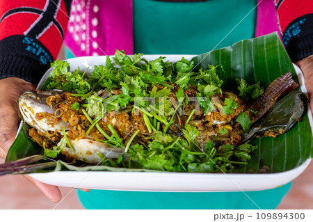 Steamed sea bass with herbs 109894300