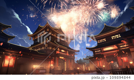 CNY holiday celebration. Festive fireworks at Chinatown in a city with traditional Chinese buildings. 109894844