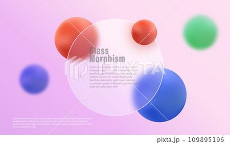 Glass morphism with transparent round frame on colorful gradient, colored spheres. 109895196