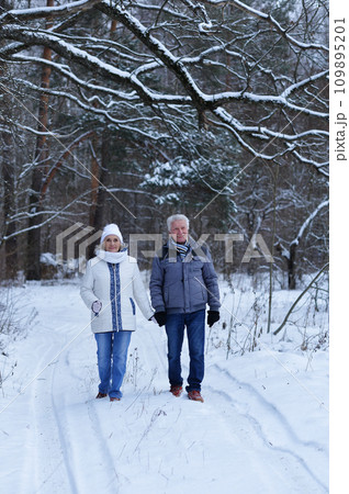 Happy senior couple at snowy winter park 109895201