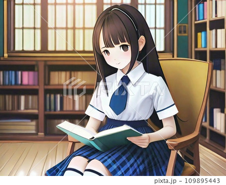 図書館で本を読む女子高生 109895443