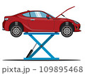 ジャッキアップされている赤いクルマ 109895468