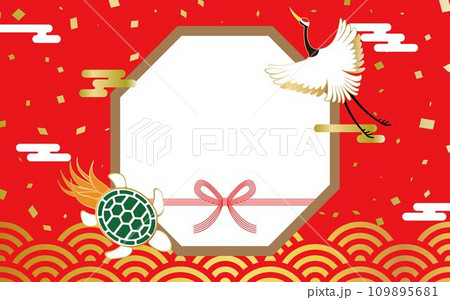 鶴亀と青海波で飾った八角形フレーム01　赤 109895681