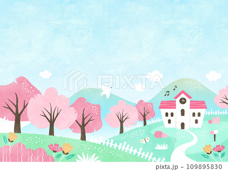 春の学校と桜の風景 自然あふれる水彩の背景イラスト 春の学校と桜の風景 自然あふれる水彩の背景イラスト 109895830