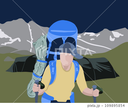 Vector isolated illustration of a hiker with a backpack in the mountains. Camping in the mountains. 109895854