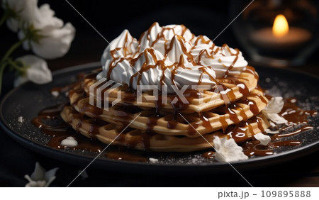 waffles on a black plate with whipped cream and caramel 109895888