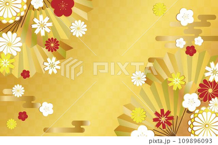 市松模様に雲と花と扇で飾った和風背景03　金 109896093