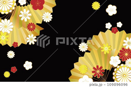 花と扇で飾った和風背景02 黒 花と扇で飾った和風背景02 黒 109896096