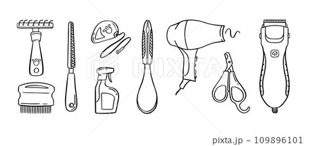 Pet grooming set. Salon for animals. Doodle style animal and character hand drawn. Vector illustration. Pet grooming set. Salon for animals. Doodle style animal and character hand drawn. Vector illustration. 109896101
