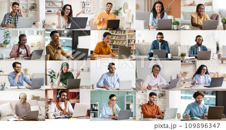 Collection of multiracial employees working on laptop, collage Collection of multiracial employees working on laptop, collage 109896347