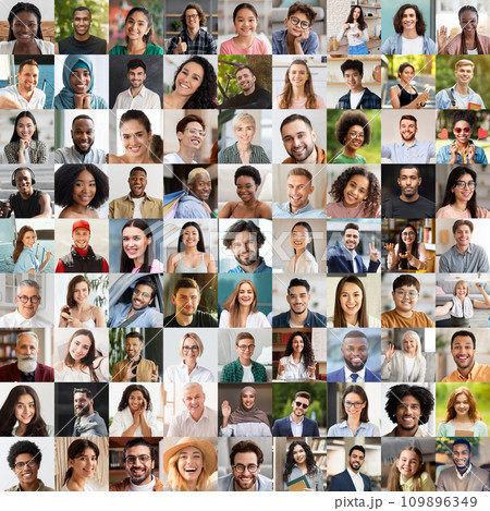 Beautiful multicultural people enjoying life, smiling at camera, collage 109896349