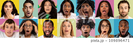 Collage Of Diverse Scared Multiethnic People Portraits Over Colorful Backgrounds, Collage Of Diverse Scared Multiethnic People Portraits Over Colorful Backgrounds, 109896471