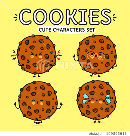 Funny cute happy Chocolate cookies characters bundle set. Vector hand drawn doodle style cartoon character. Isolated on yellow background. Chocolate cookies character collection Funny cute happy Chocolate cookies characters bundle set. Vector hand drawn doodle style cartoon character. Isolated on yellow background. Chocolate cookies character collection 109896611