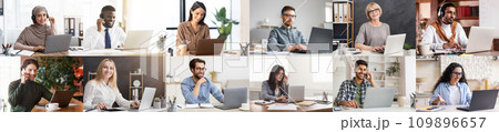 Multiethnic people different ages using laptop, modern collage, panorama Multiethnic people different ages using laptop, modern collage, panorama 109896657