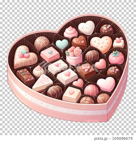 Watercolor assorted chocolates in pink heart shaped box 109896679