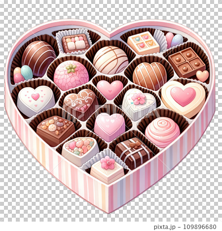 Watercolor assorted chocolates in pink heart shaped box Watercolor assorted chocolates in pink heart shaped box 109896680