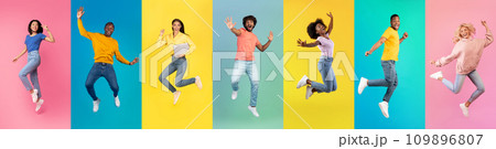 Set of positive multiethnic men and women jumping over colorful studio backgrounds Set of positive multiethnic men and women jumping over colorful studio backgrounds 109896807