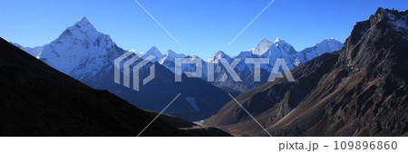 Famous Mount Ama Dablam and other high mountains in the Everest National Park, Nepal. 109896860