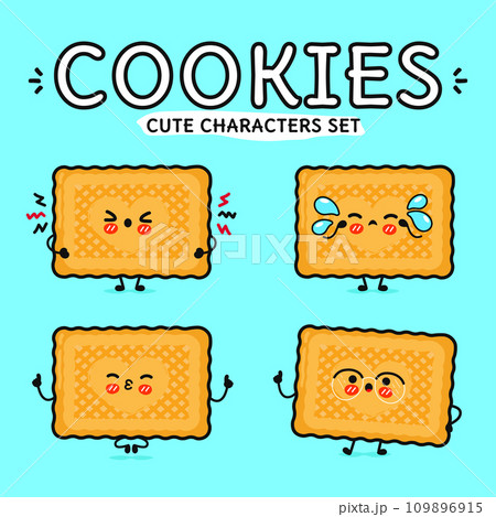 Funny cute happy cookies characters bundle set. Vector hand drawn doodle style cartoon character. Isolated on blue background. Cookies character collection Funny cute happy cookies characters bundle set. Vector hand drawn doodle style cartoon character. Isolated on blue background. Cookies character collection 109896915