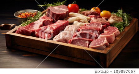 meat and vegetables in wooden tray meat and vegetables in wooden tray 109897067