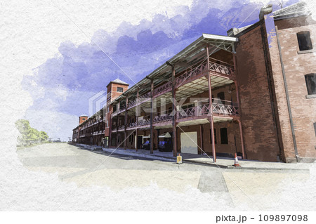 水彩画風 横浜みなとみらい 横浜赤レンガ倉庫 神奈川県横浜市 水彩画風 横浜みなとみらい 横浜赤レンガ倉庫 神奈川県横浜市 109897098