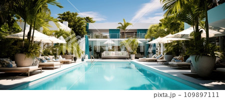 the hotel has an outdoor pool that is surrounded by plants the hotel has an outdoor pool that is surrounded by plants 109897111