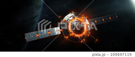 shows an image of an orbiting satellite with a star surrounding it 109897119