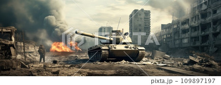 the tank driving through an apocalyptic city in the background 109897197