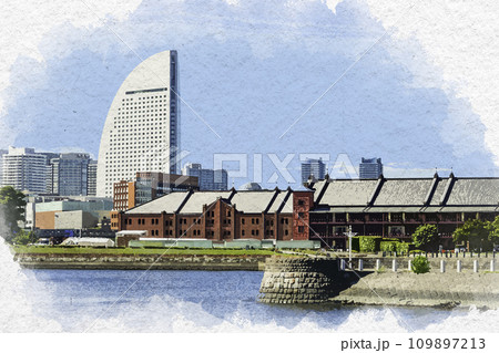 都市風景》横浜 みなとみらい《水彩画》のイラスト素材