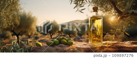 olive oil and fresh green olives on the green grass 109897276