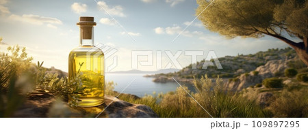 olive oil and fresh green olives on the green grass olive oil and fresh green olives on the green grass 109897295