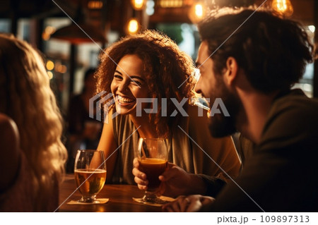 people laughing while drinking beer in a bar 109897313