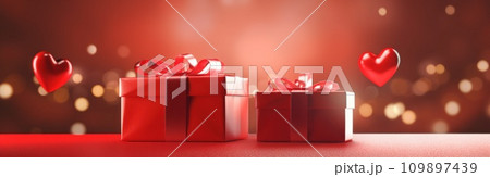 two red gift boxes lying on red background on valentine's day two red gift boxes lying on red background on valentine's day 109897439