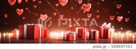 red and white gift boxes are flying away as hearts appear on them red and white gift boxes are flying away as hearts appear on them 109897501