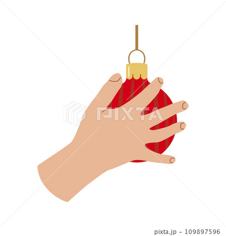 Holiday home decoration hand with Christmas ball Design for banner, web. Childs hand. Vector illustration... Holiday home decoration hand with Christmas ball Design for banner, web. Childs hand. Vector illustration... 109897596