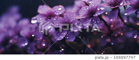 a close up of purple flowers with rain drops in the background 109897747