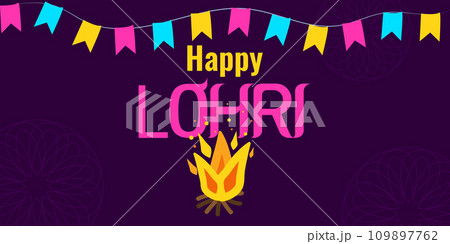 Lohri festival Punjabi fiery harvest in India. Bright colored flags and a bonfire. Template background poster, flyer. Holiday concept. Vector illustration. 109897762