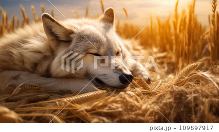 Peaceful Rest: Sleeping Wolf in Wheat Field Peaceful Rest: Sleeping Wolf in Wheat Field 109897917
