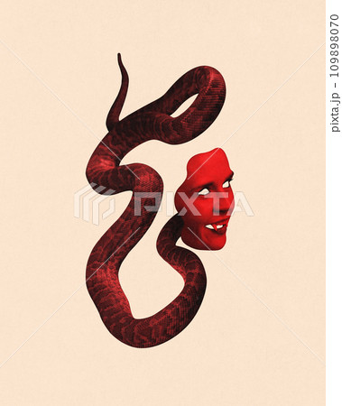 Contemporary art collage. Red snake with a scary mask, girl's face. Symbol of horror and evil against peach color background. 109898070