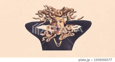 Contemporary art collage. Young girl with snakes instead of hair looks like mythology character loudly shouting of against peach color background. Contemporary art collage. Young girl with snakes instead of hair looks like mythology character loudly shouting of against peach color background. 109898077