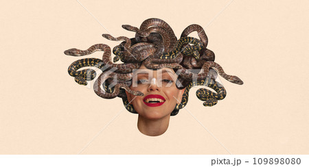 Contemporary art collage. Young beautiful girl with snakes instead of hair looks like mythology character against peach color background. 109898080