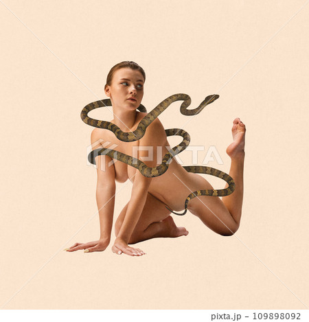 Contemporary art collage. Sensuality and Eros. Beautiful slim and naked woman with snake wrapped around her body against peach color background. 109898092