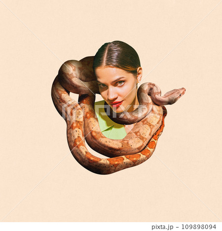 Contemporary art collage. Beautiful girl looks at camera playful with wrapped her neck and head yellow python against peach color background. 109898094
