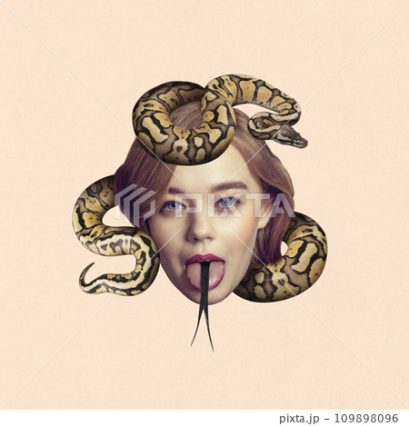 Contemporary art collage. Attractive young lady with wrapped snake over head and shows forked tongue against peach color background. 109898096