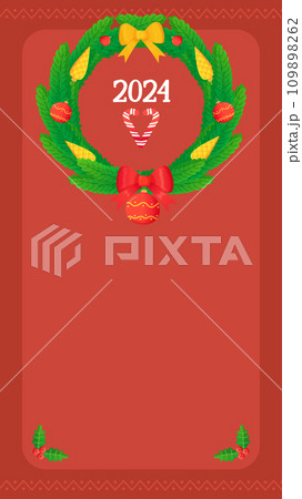 Red Christmas social media stories frame template with Christmas wreath 2024. Vector background with Copy Space. Ideal for use on ig, greeting card, banner, and web. 109898262
