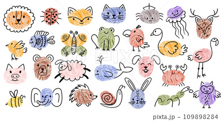 Kids Fingerprint Animal Doodles. Lion, Ladybug, Fox, Cat and Spider. Jellyfish, Deer, Bird and Fish or Butterfly, Parrot Kids Fingerprint Animal Doodles. Lion, Ladybug, Fox, Cat and Spider. Jellyfish, Deer, Bird and Fish or Butterfly, Parrot 109898284