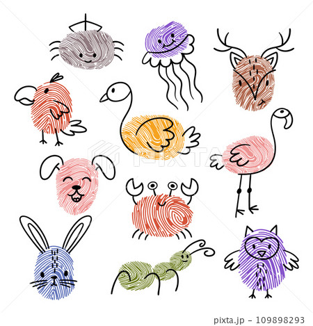 Kids Fingerprint Animal Doodles. Rabbit, Ant, Spider And Jellyfish, Deer, Dog, Or Crab. Owl, Parrot, Swan And Flamingo 109898293