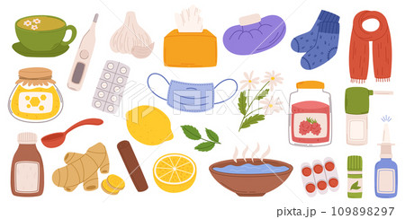 Flu Treatment Set Includes Tissues, Throat Lozenges, Hot Tea, Thermometer, Medicine. Honey and Raspberry 109898297