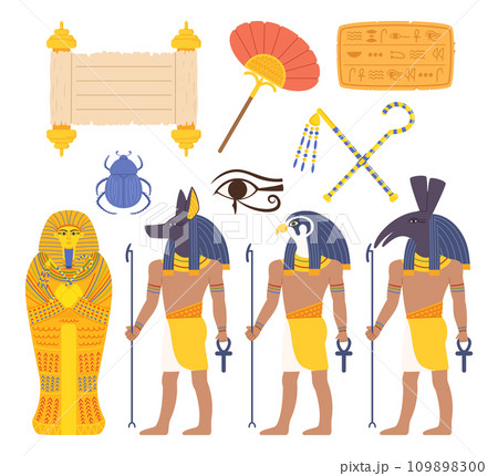 Egypt Landmarks and Religious Elements Set. Pharaoh Sarcophagus, Scroll, Hieroglyphs, Fan and Scarab. Gods Anubis, Ra 109898300